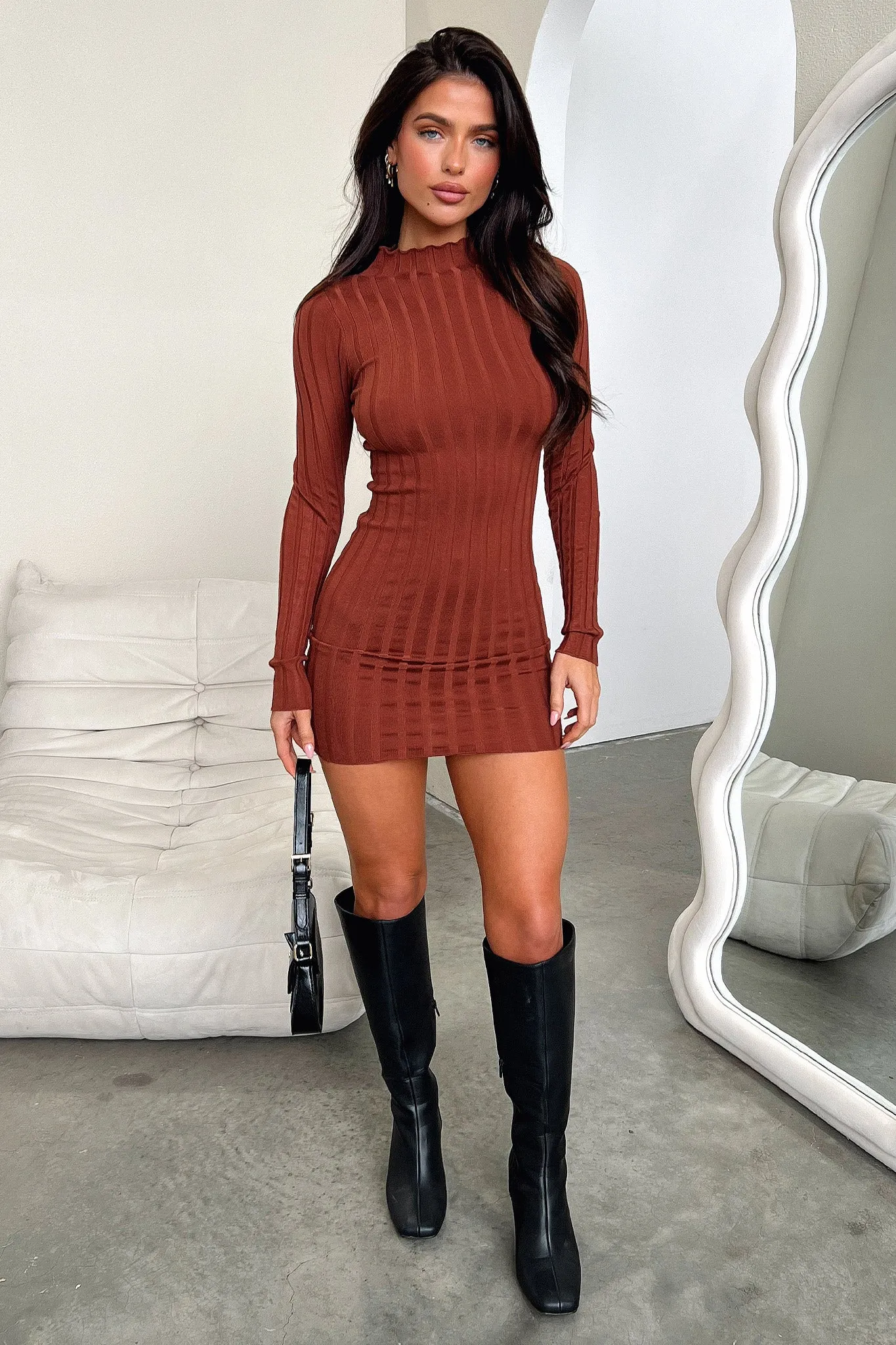Emily Long Sleeve Turtle Neck Dress - Brown Glow Chic
