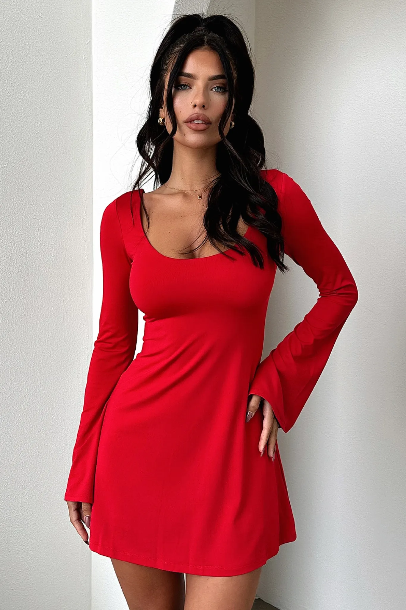 Unique Print Minimal Detail Marcia Long Sleeve Dress - Red