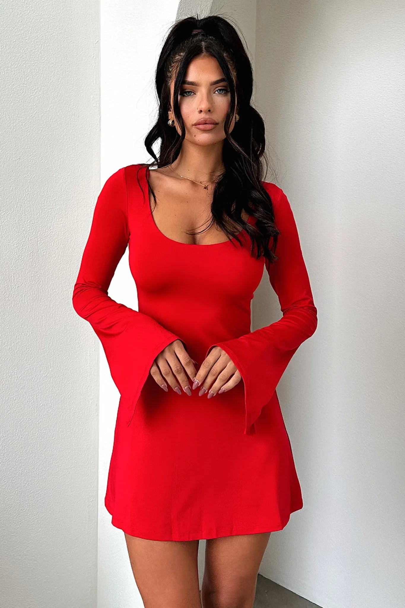 Empire Cut Marcia Long Sleeve Dress - Red