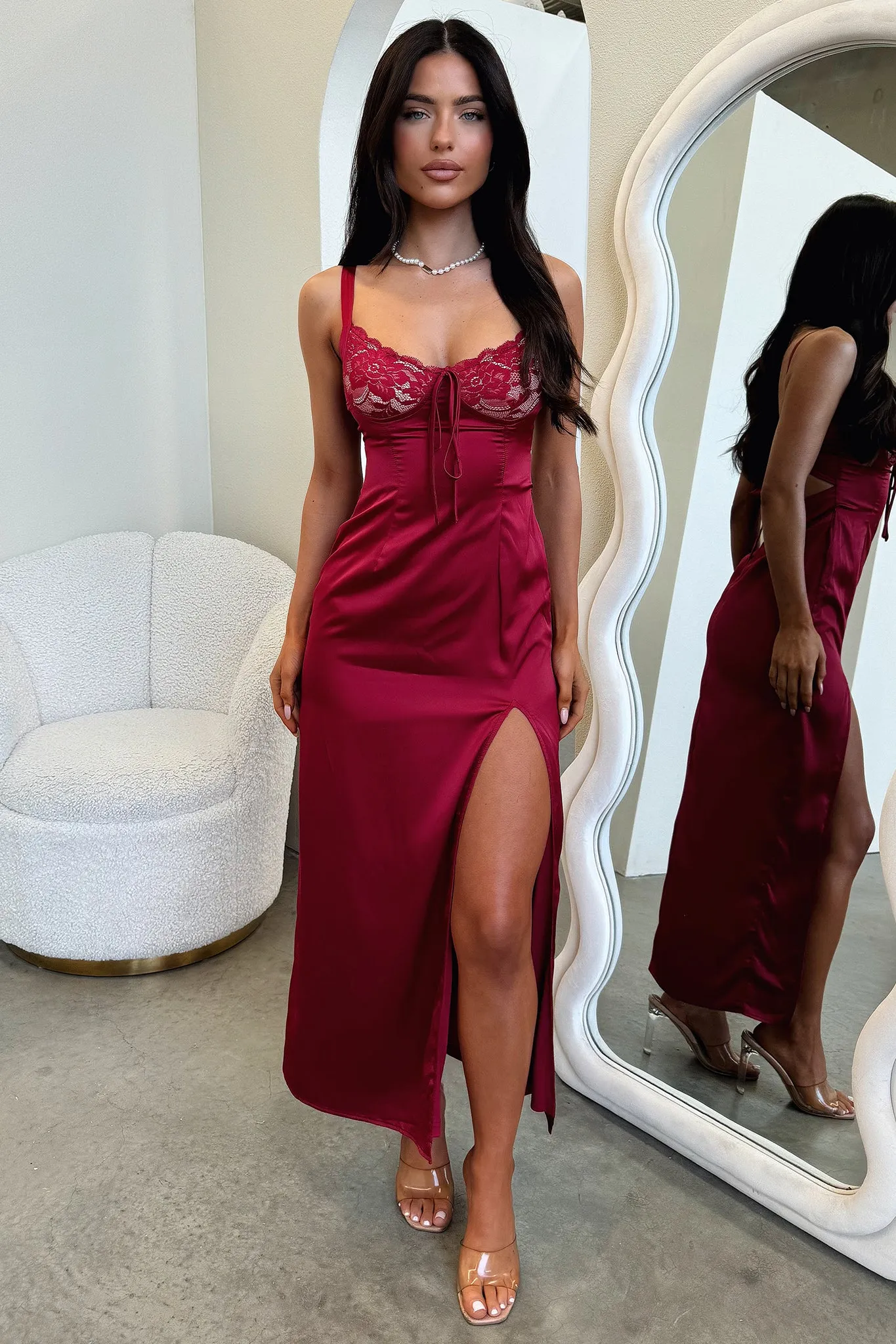 Empire Waistline Sorrento Satin Maxi Dress - Red