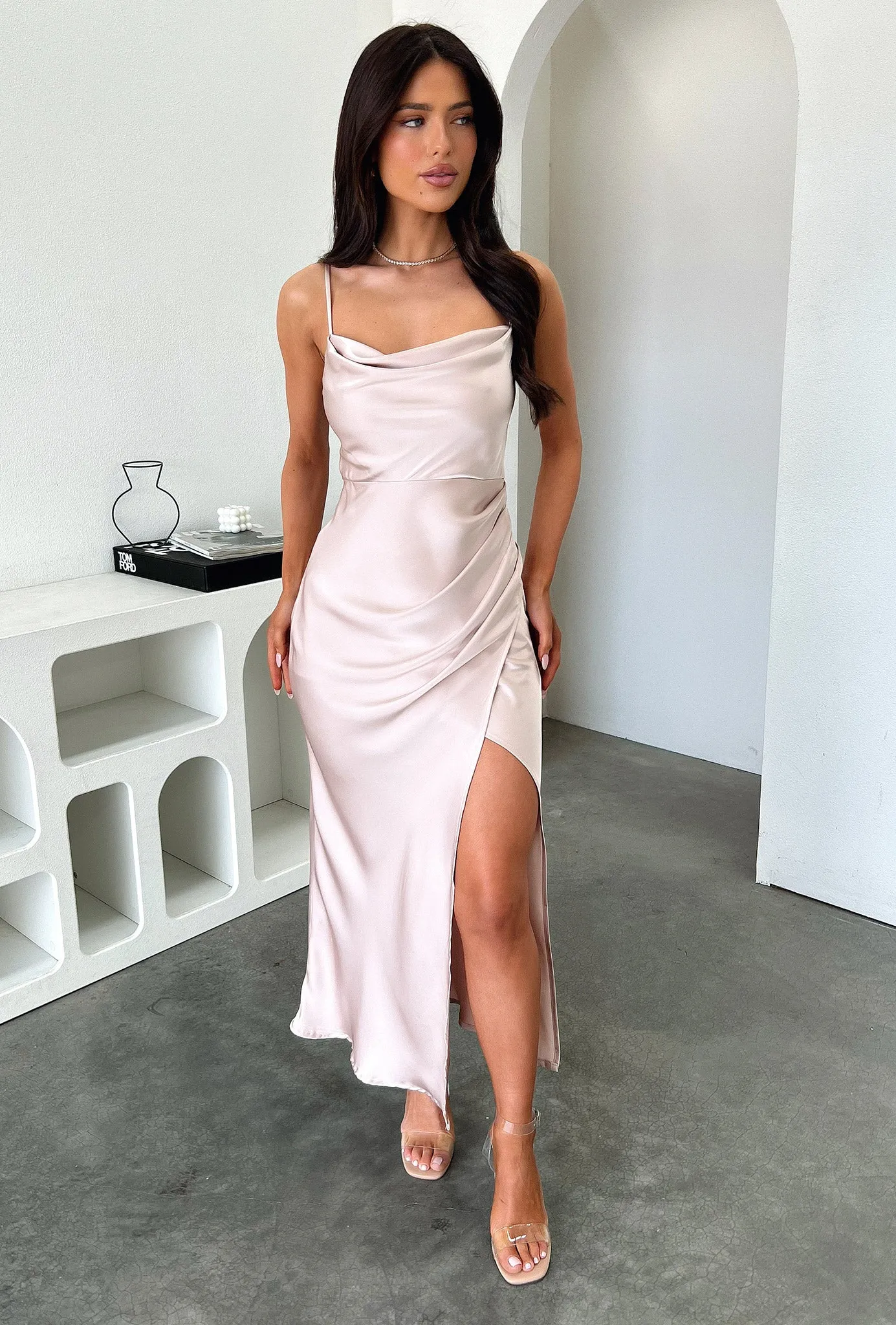 Evelyn Satin Cowl Neck Midi Dress - Champagne Unique Sets