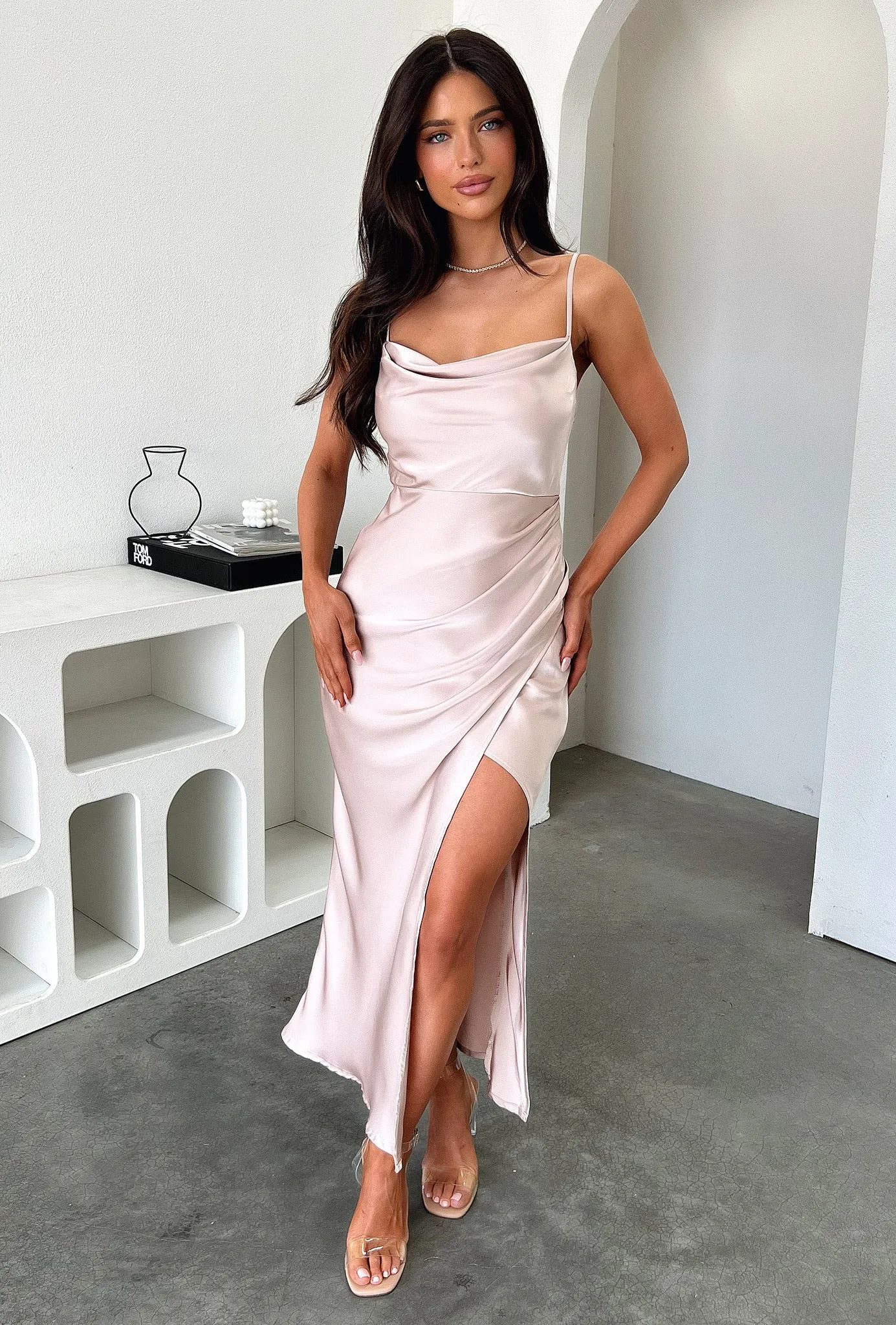 Flattering Shape Evelyn Satin Cowl Neck Midi Dress - Champagne