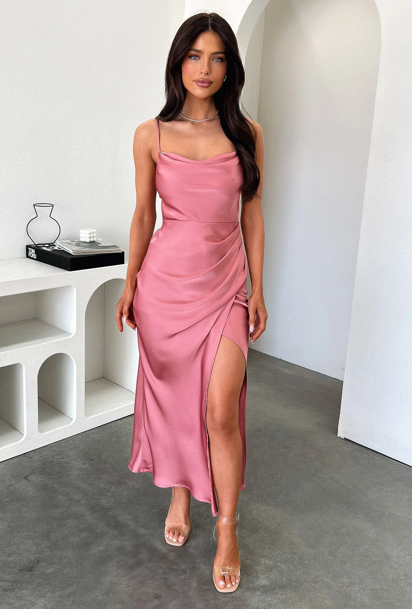 Evelyn Satin Cowl Neck Midi Dress - Rose Modern Wearables