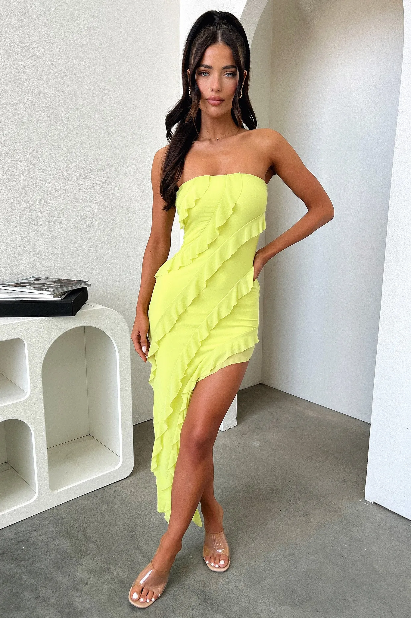 Evening Essential Jadore Strapless Ruffle Midi Dress - Lime
