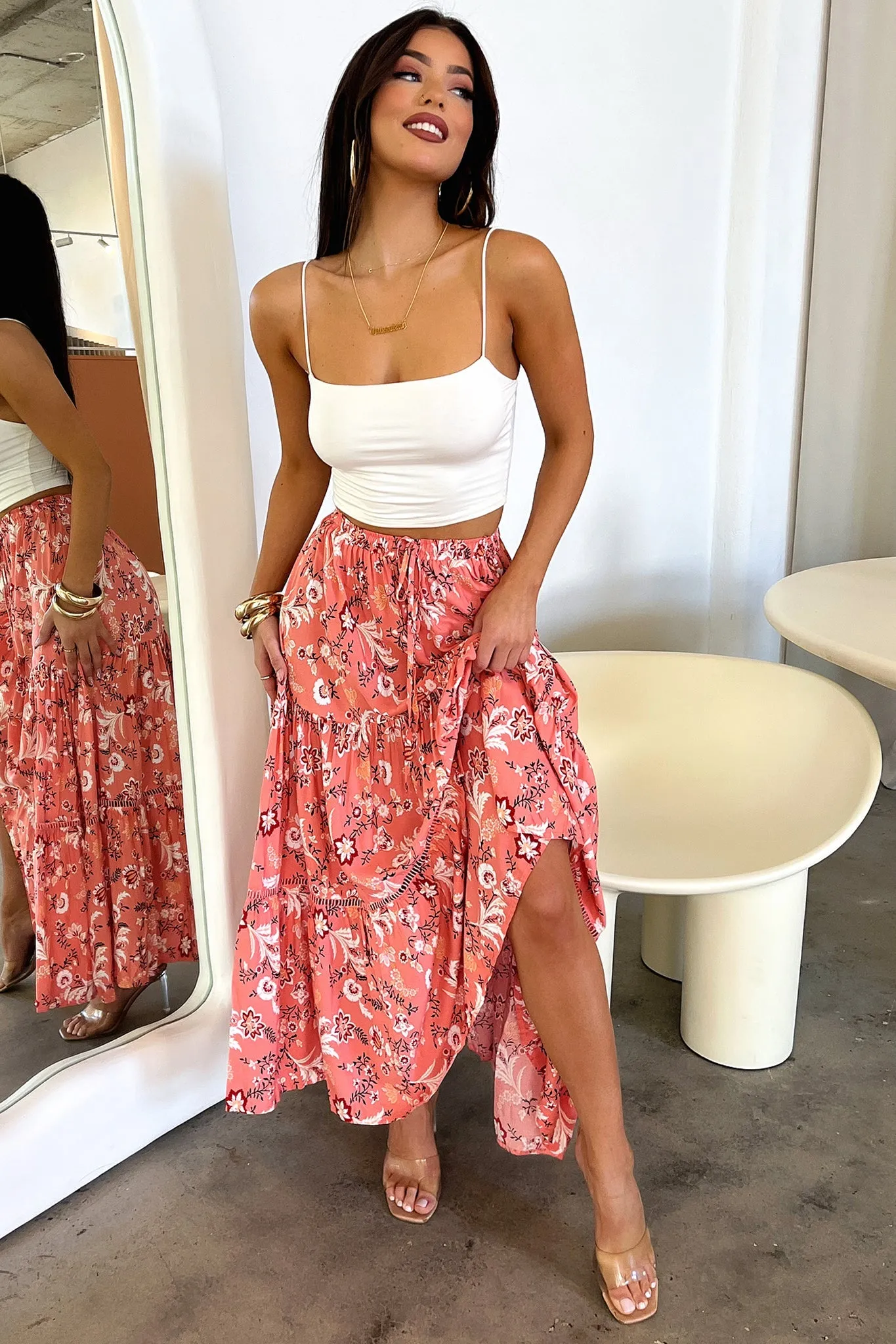 Layered Hem Kei Maxi Skirt - Pink Floral