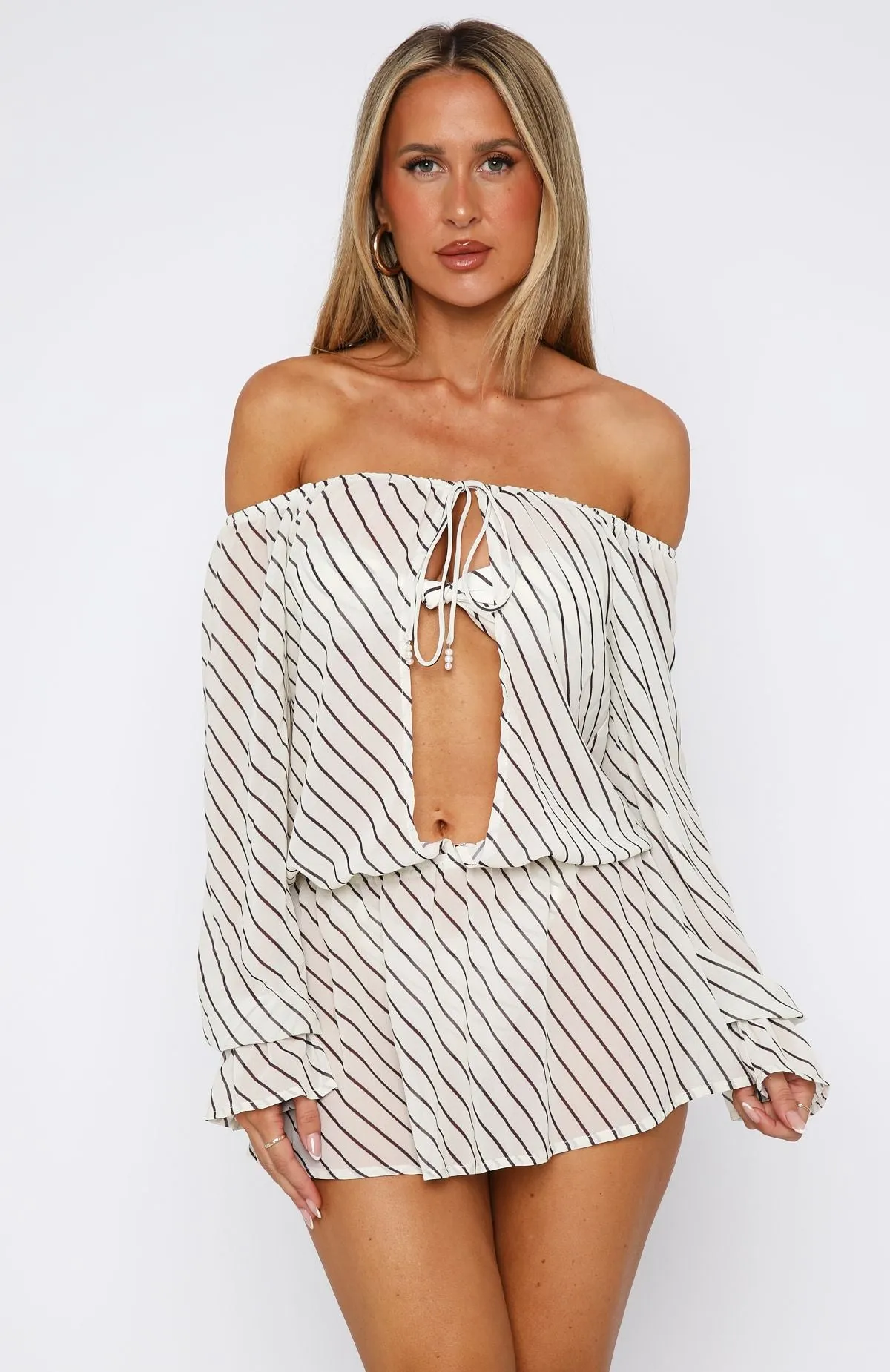 Fashionable Goods Back To Shore Long Sleeve Mini Dress Cream/Choc Stripe
