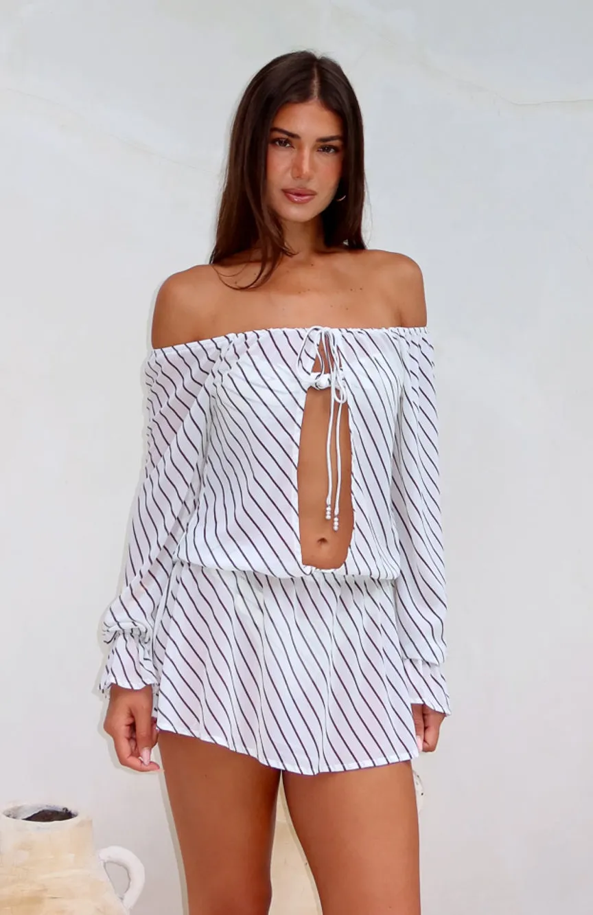 Fashionable Goods Back To Shore Long Sleeve Mini Dress Cream/Choc Stripe
