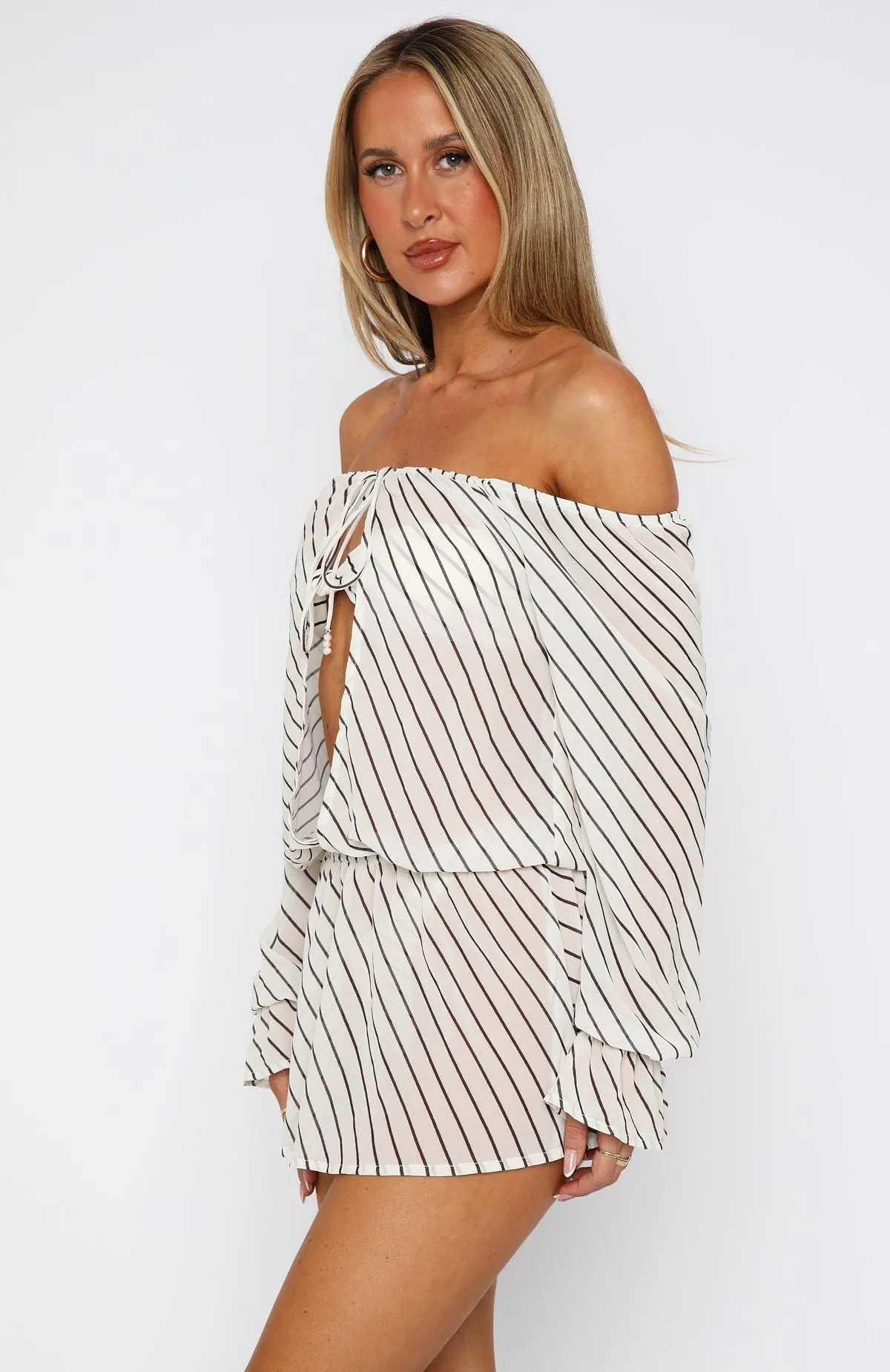 Fashionable Goods Back To Shore Long Sleeve Mini Dress Cream/Choc Stripe