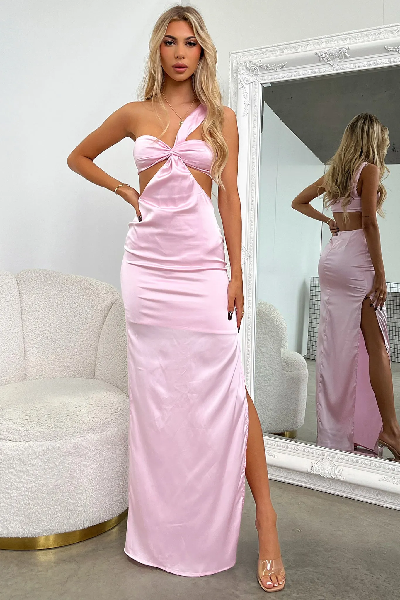 Cozy Comfort Alexia One Shoulder Satin Maxi Dress - Pink