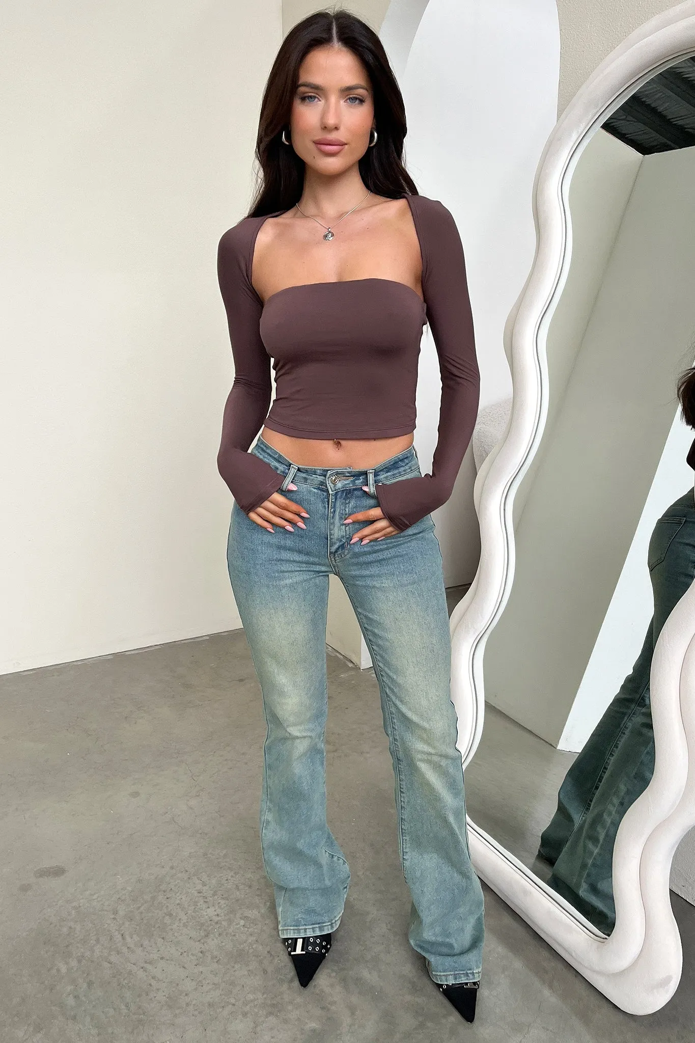 Flared design Krystal Top and Bolero - Brown