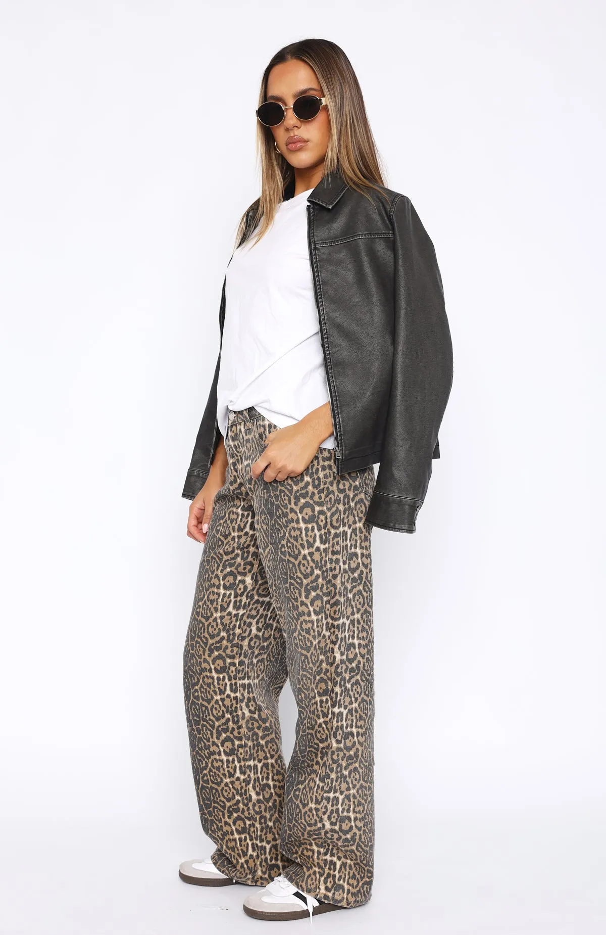 Fleece-lined Warm Stella Low Rise Wide Leg Jeans Leopard