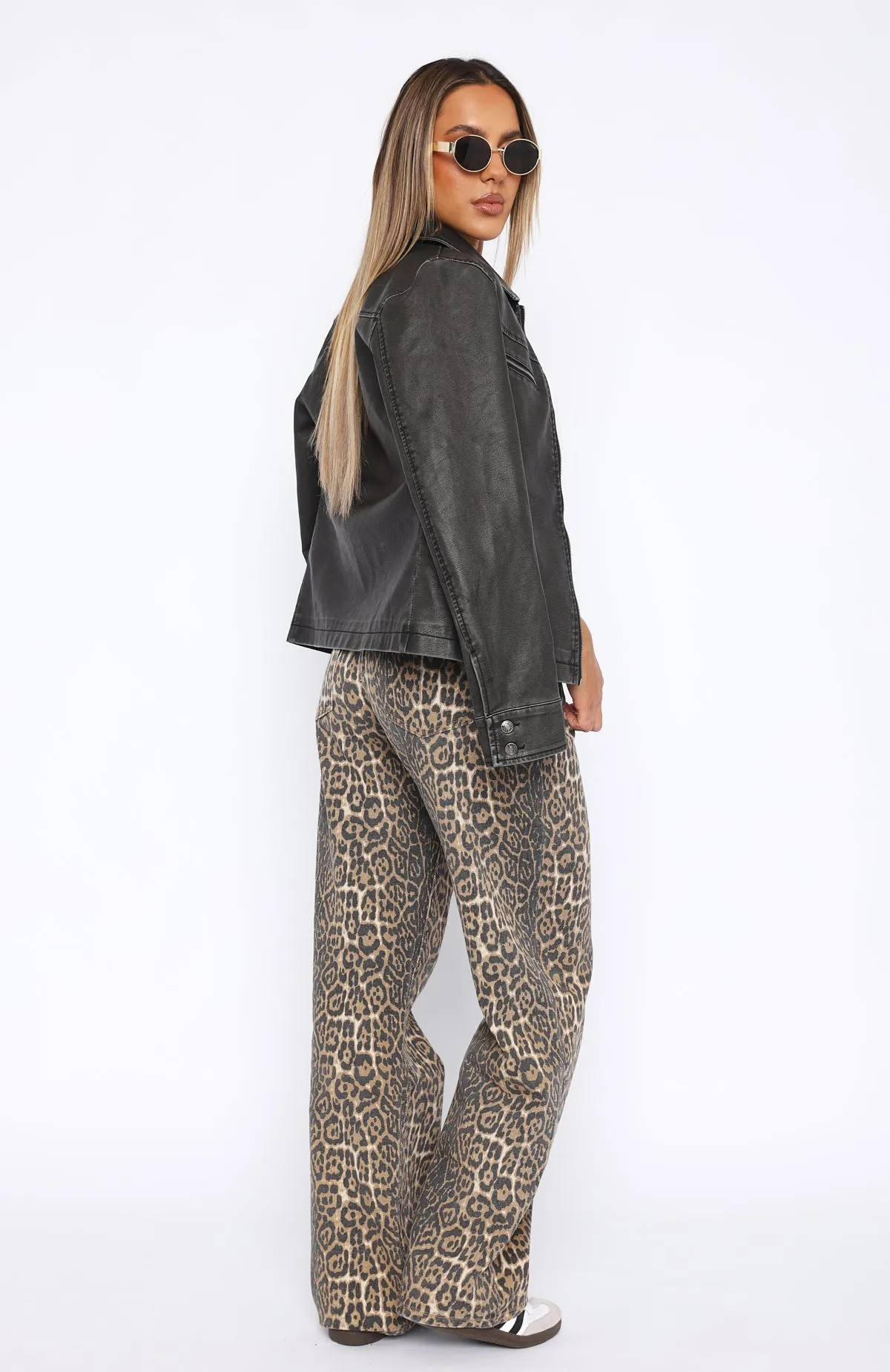 Fleece-lined Warm Stella Low Rise Wide Leg Jeans Leopard