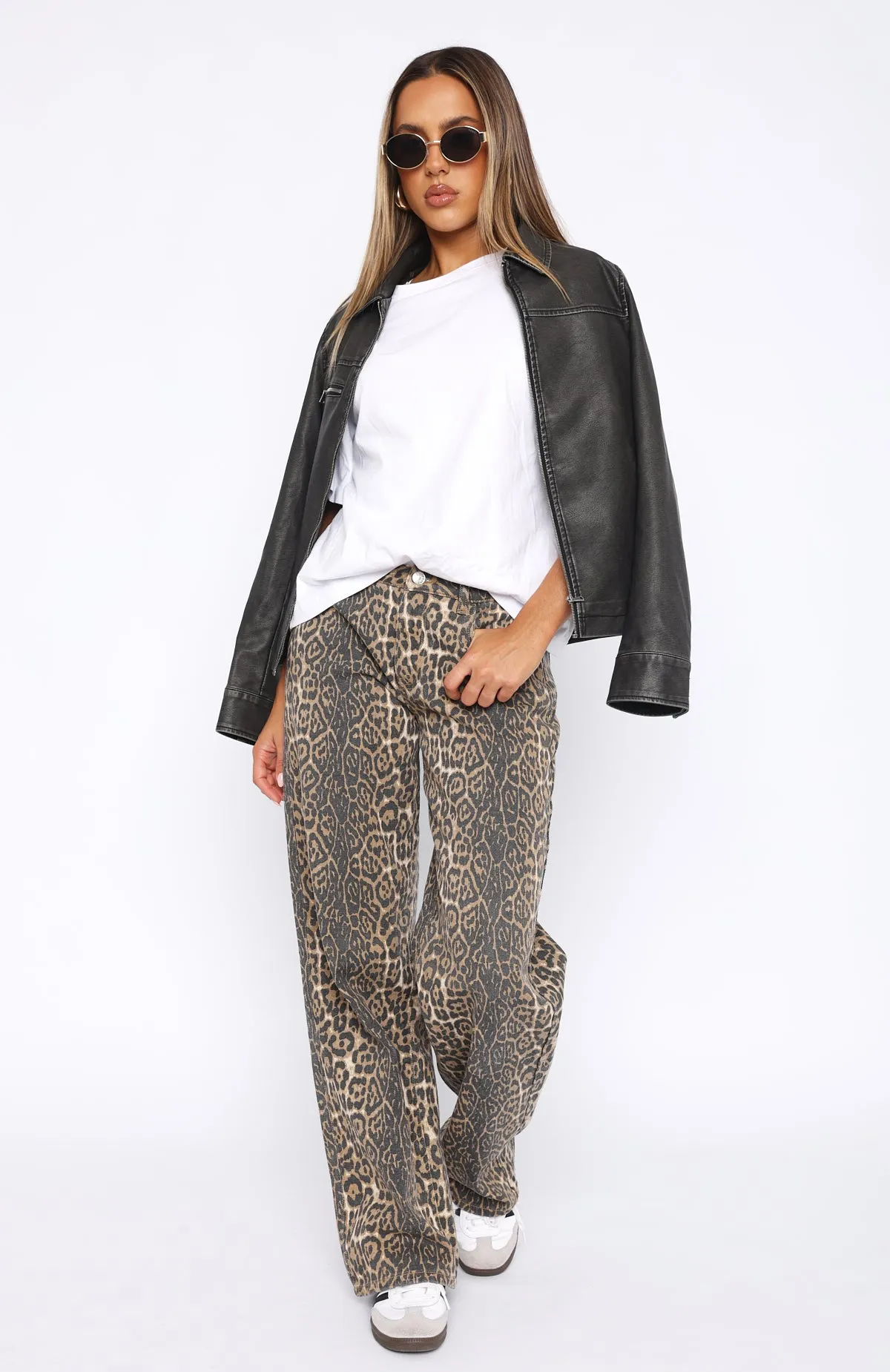 Fleece-lined Warm Stella Low Rise Wide Leg Jeans Leopard
