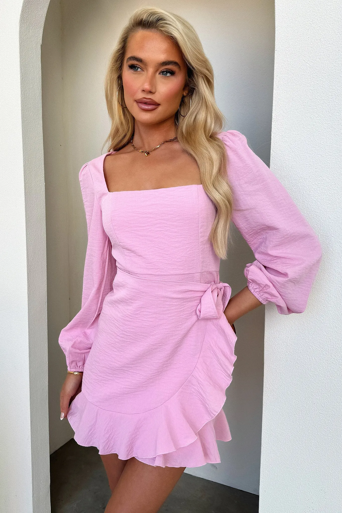 Flower Garden Silvana Long Sleeve Wrap Mini Dress - Pink