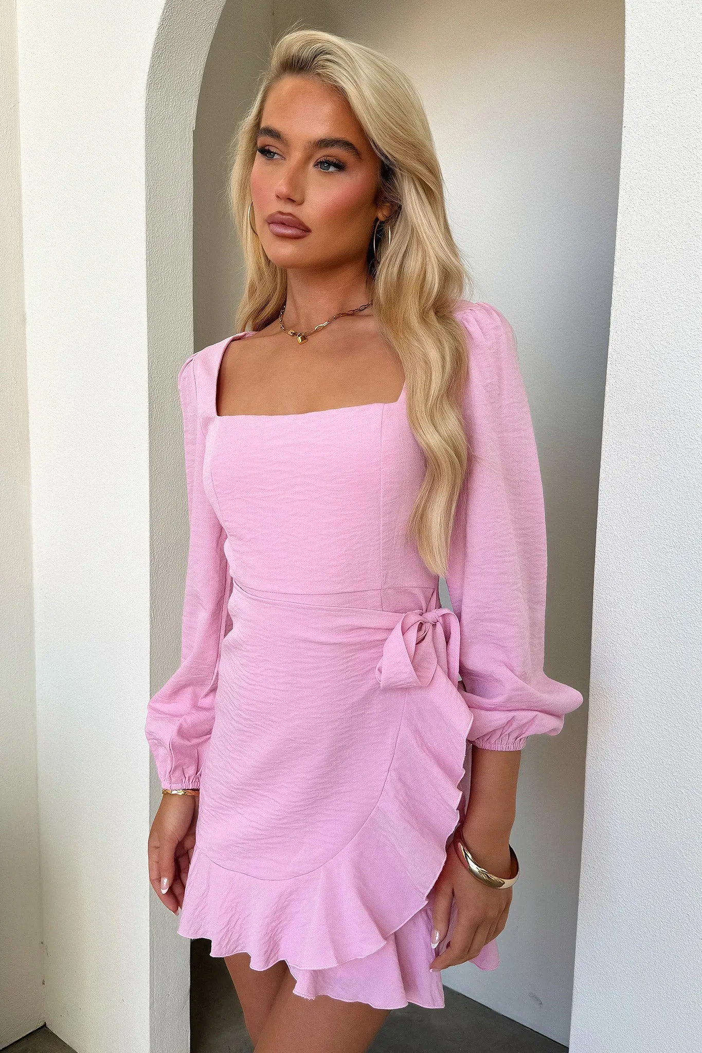 Flower Garden Silvana Long Sleeve Wrap Mini Dress - Pink