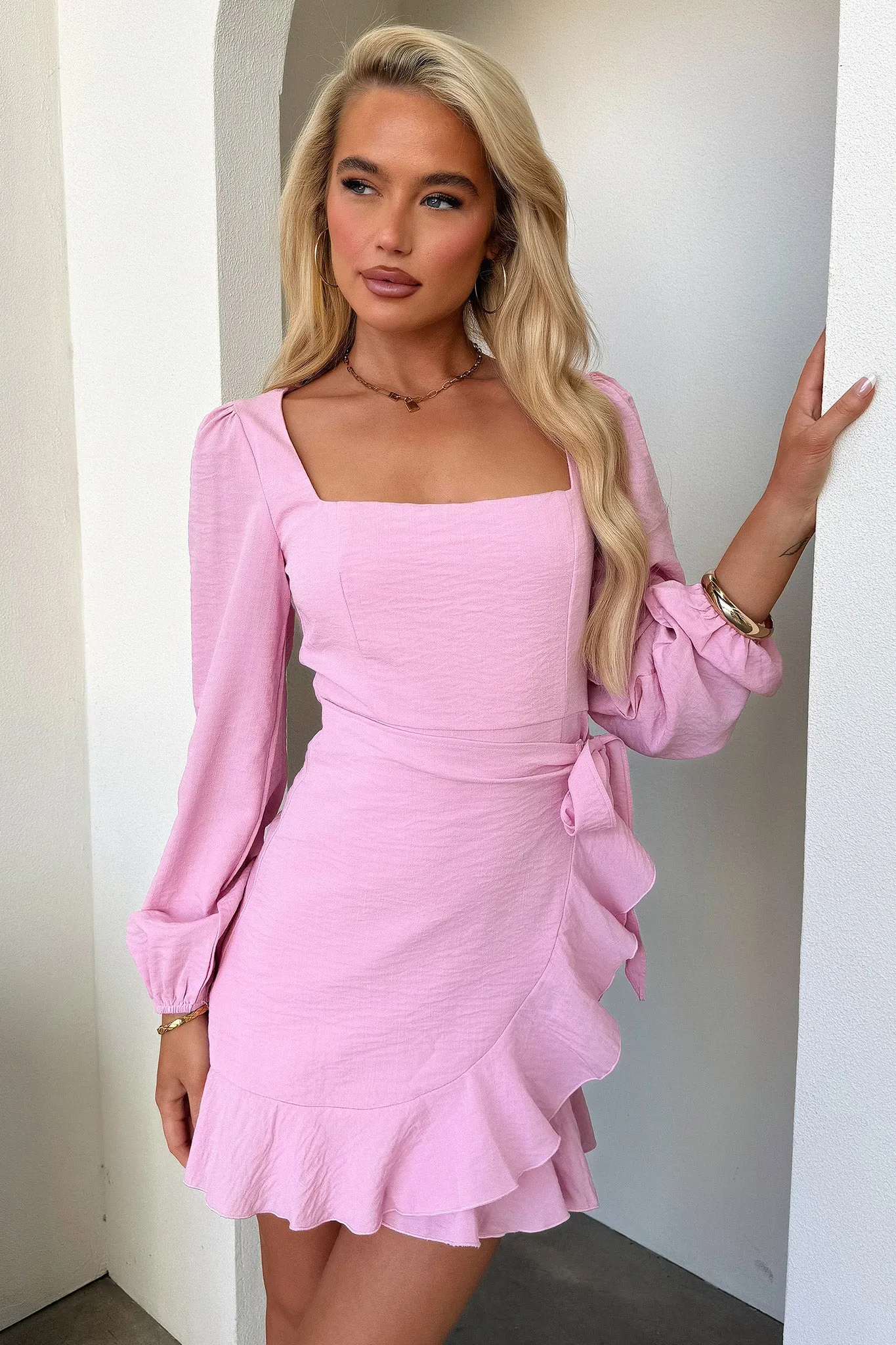 Flower Garden Silvana Long Sleeve Wrap Mini Dress - Pink