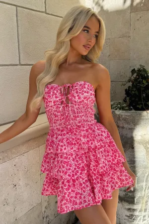 Stage Vibe Party Snap Janine Strapless Tiered Mini Dress - Pink Floral