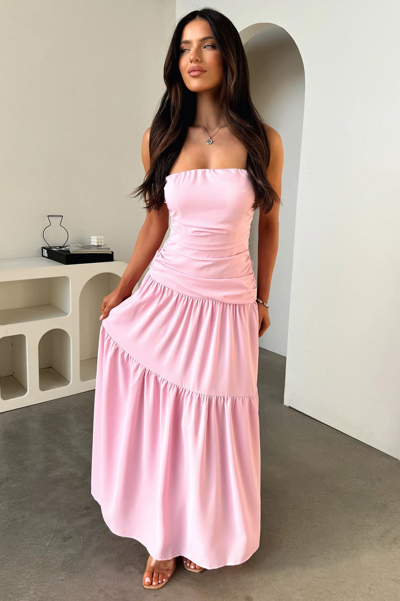 Flutter sleeve Charlotte Strapless Maxi Dress - Pink