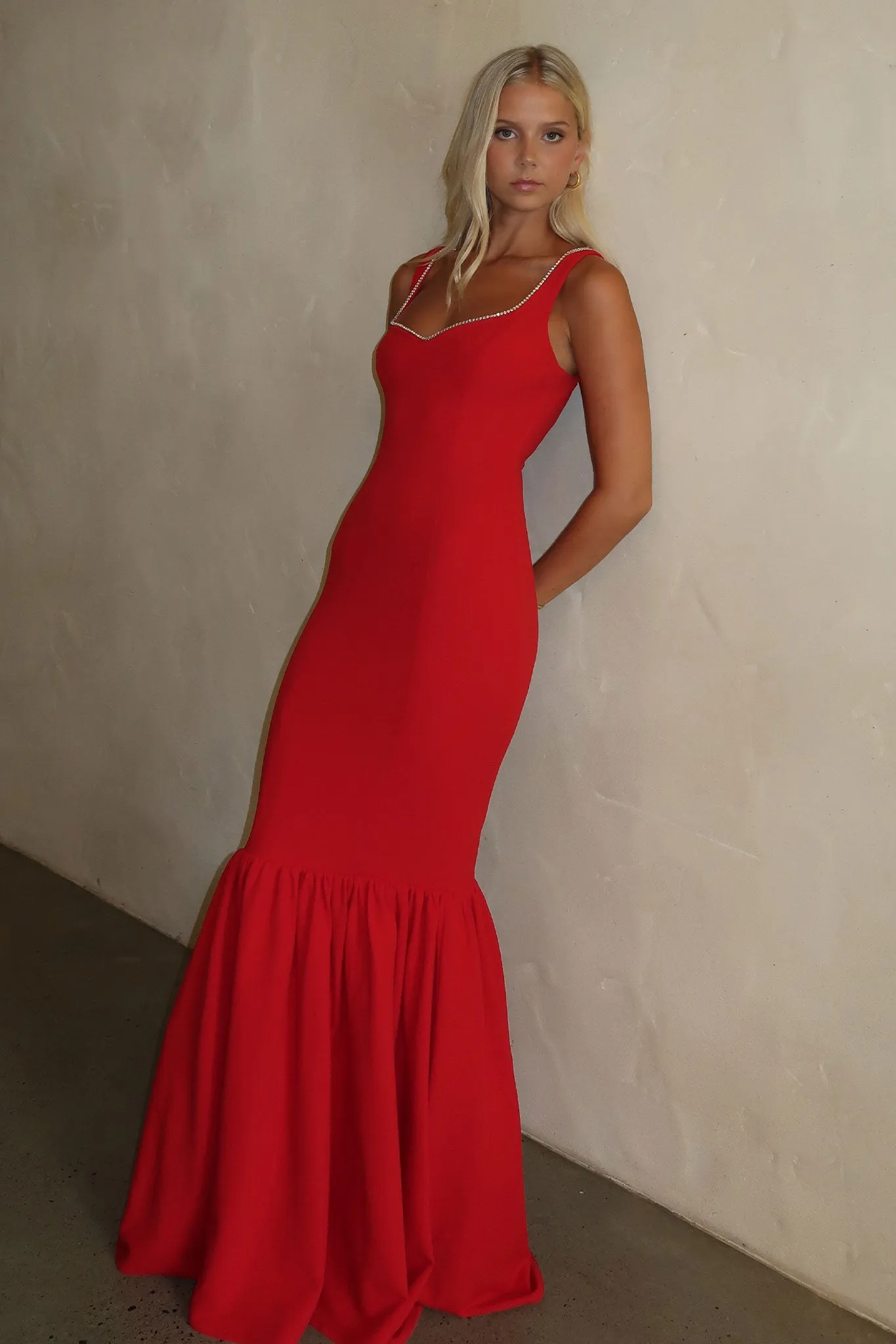 Fringed Hem Emberly Maxi Dress - Red