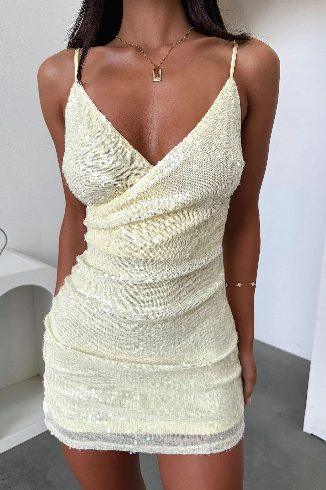 Front Drape Kelera Mini Dress - Baby Yellow Sequin