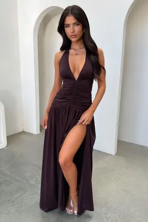 Ginevra Ruched Halter Maxi Dress - Brown Bright and airy maxi
