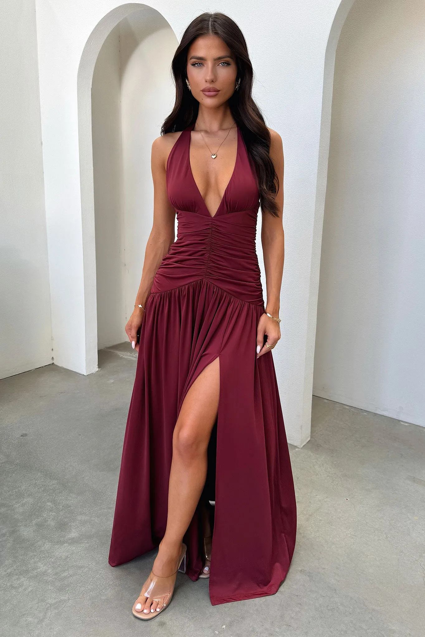 Ginevra Ruched Halter Maxi Dress - Burgundy Volume Skirt