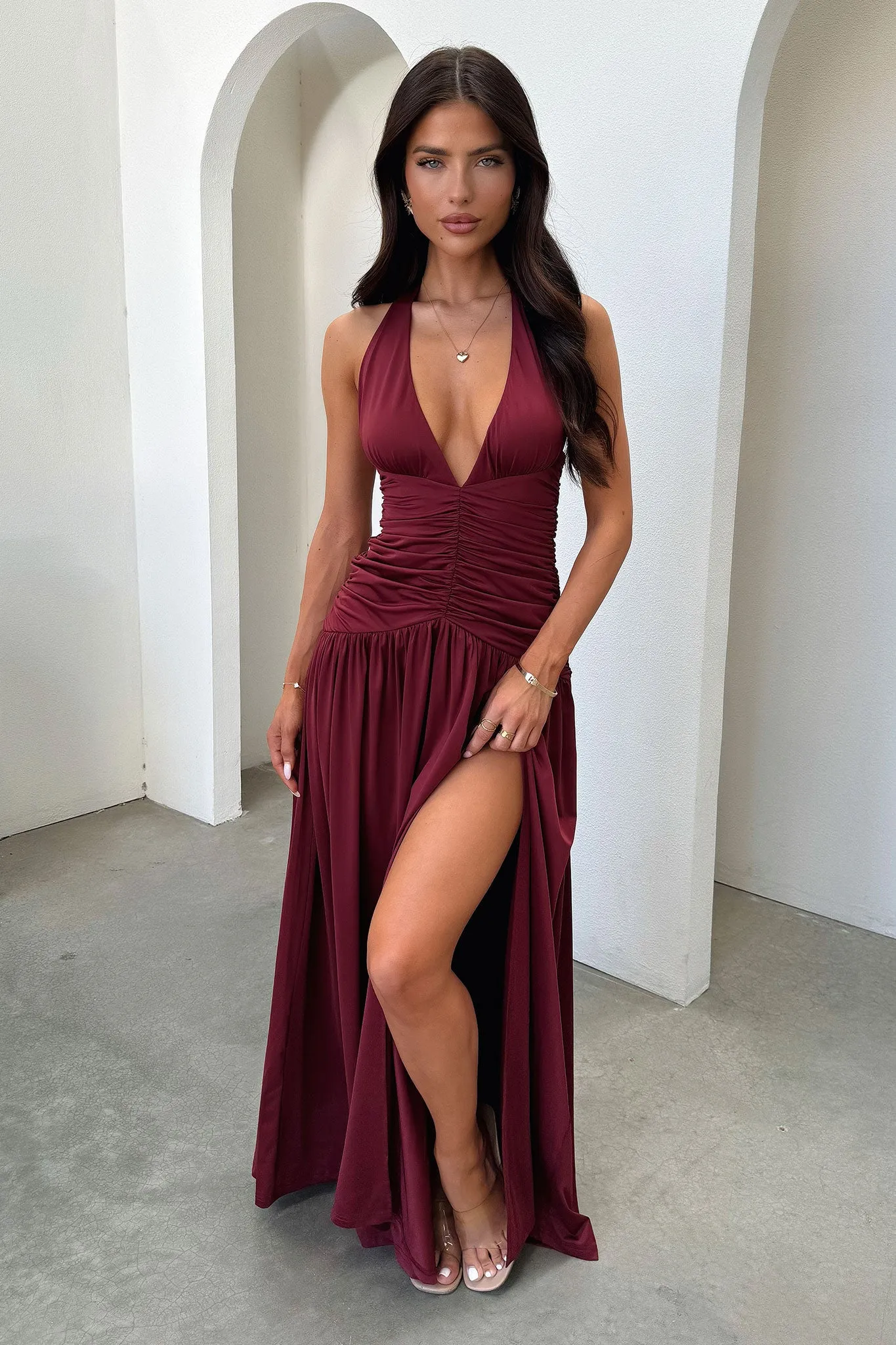 Grace Color Ginevra Ruched Halter Maxi Dress - Burgundy