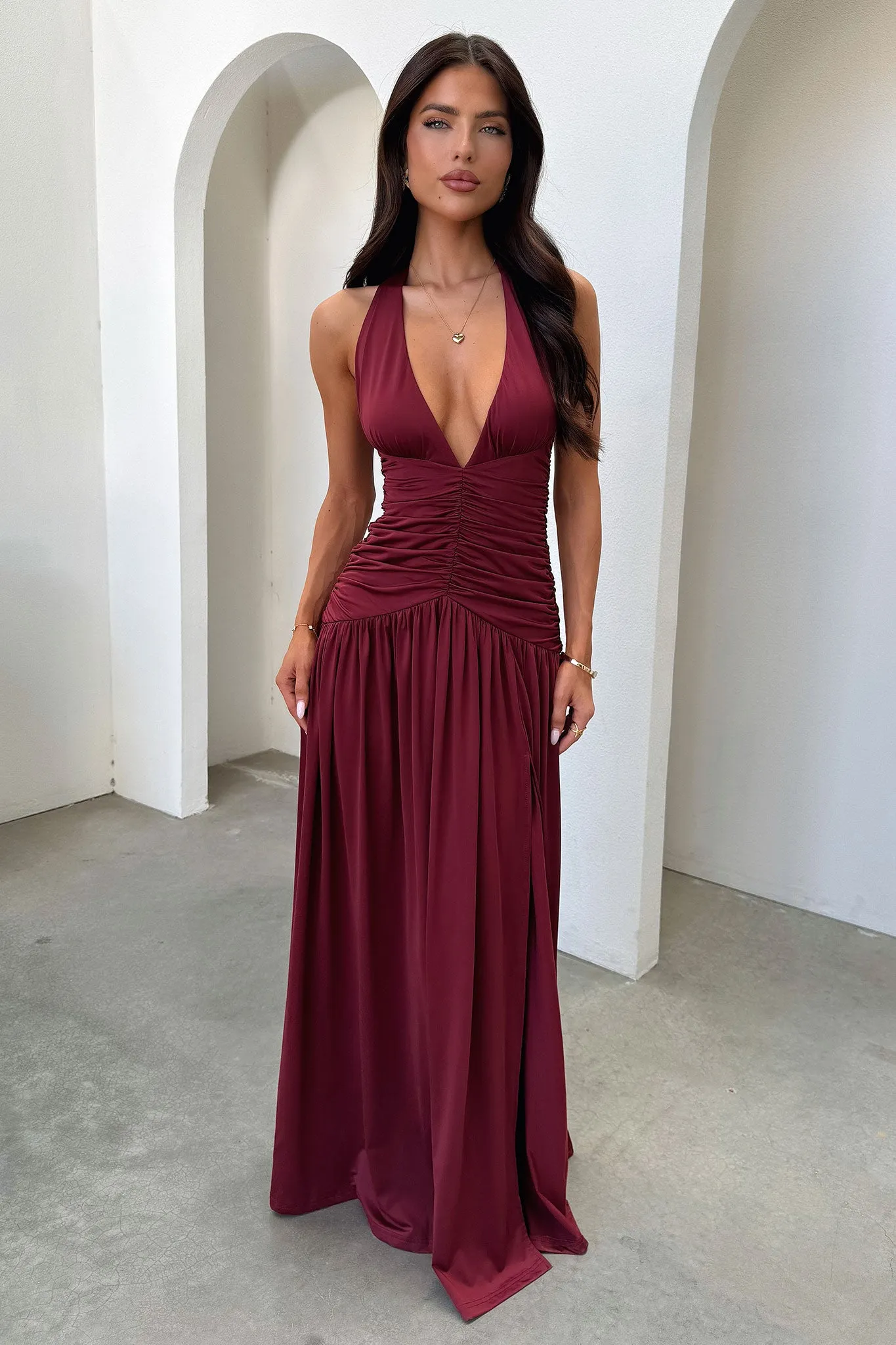 Ginevra Ruched Halter Maxi Dress - Burgundy Volume Skirt