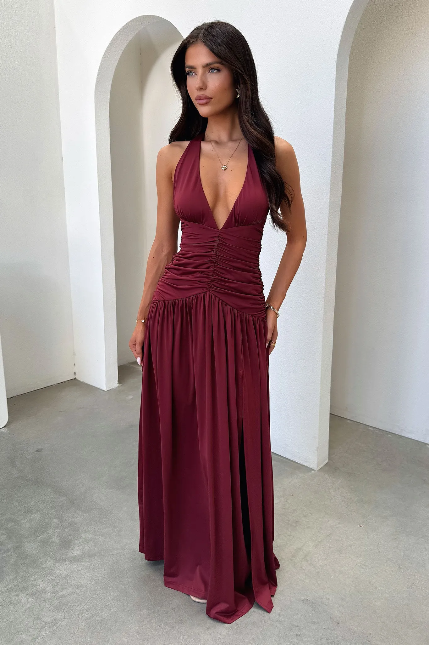 Ginevra Ruched Halter Maxi Dress - Burgundy Volume Skirt
