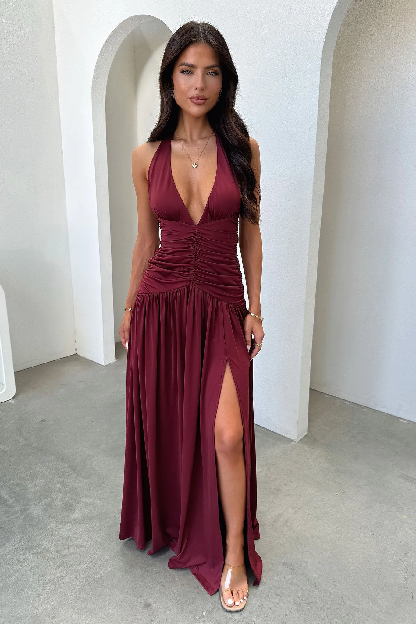 Ginevra Ruched Halter Maxi Dress - Burgundy Volume Skirt