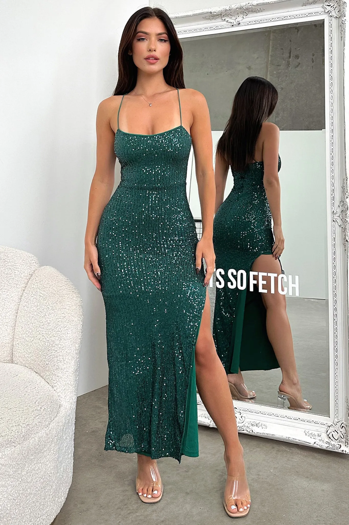 Glossy Finish Alina Maxi Dress - Emerald Sequin