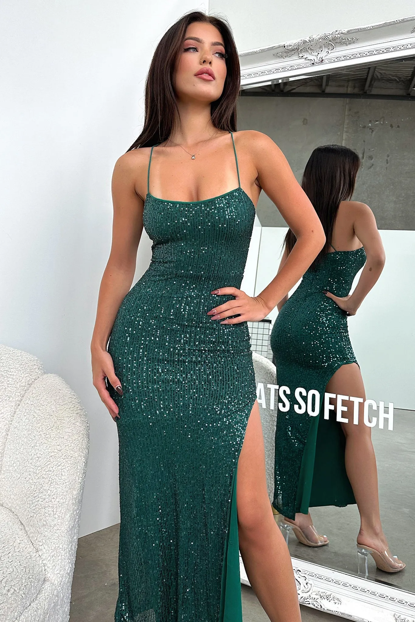 Glossy Finish Alina Maxi Dress - Emerald Sequin