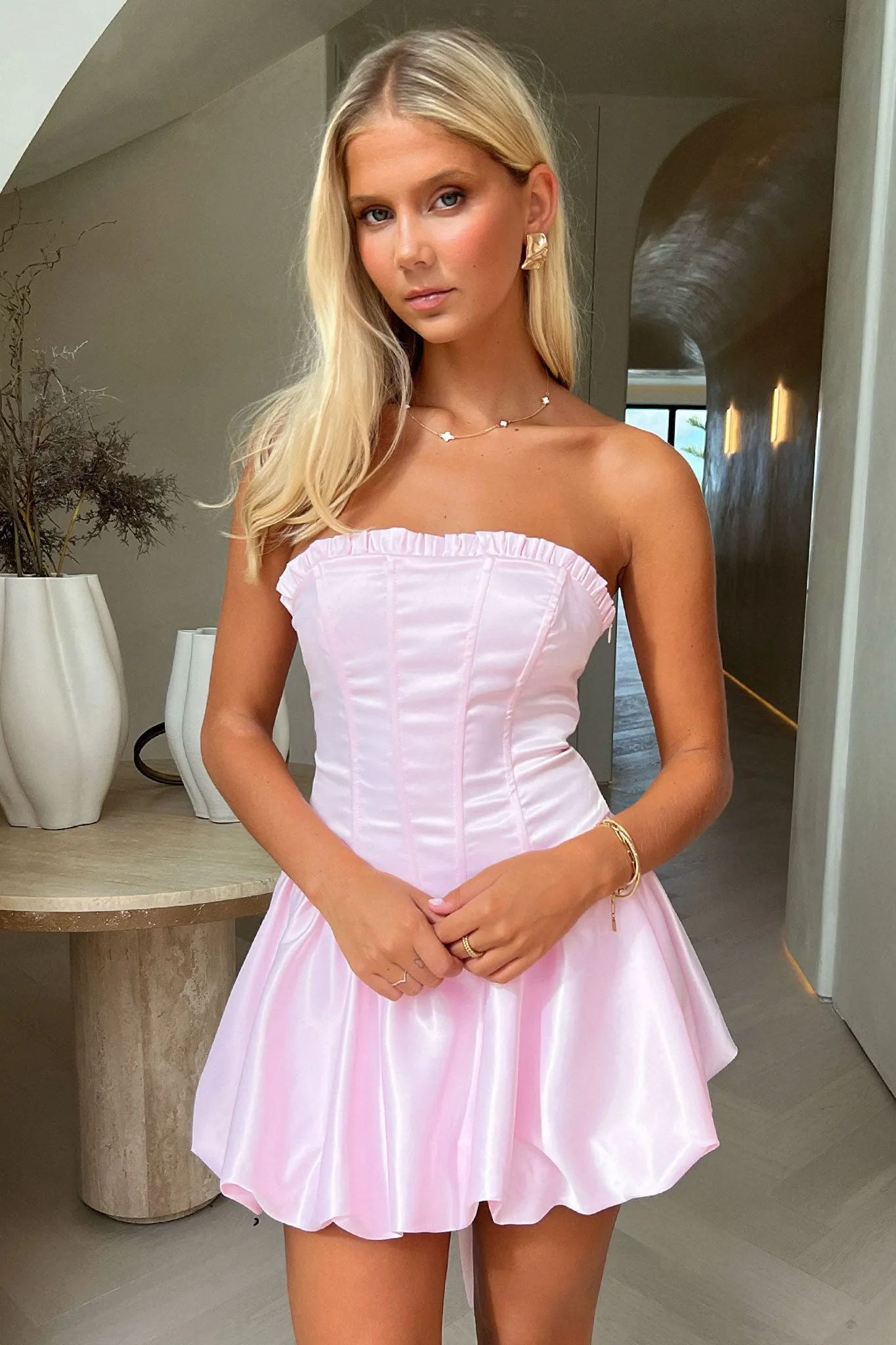 Glow Dazzy. Beauty Strapless Satin Dress - Pink