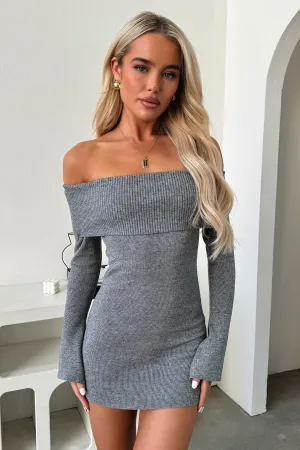 Aaliyah Off Shoulder Knit Mini Dress - Grey Petite Fit Party Light