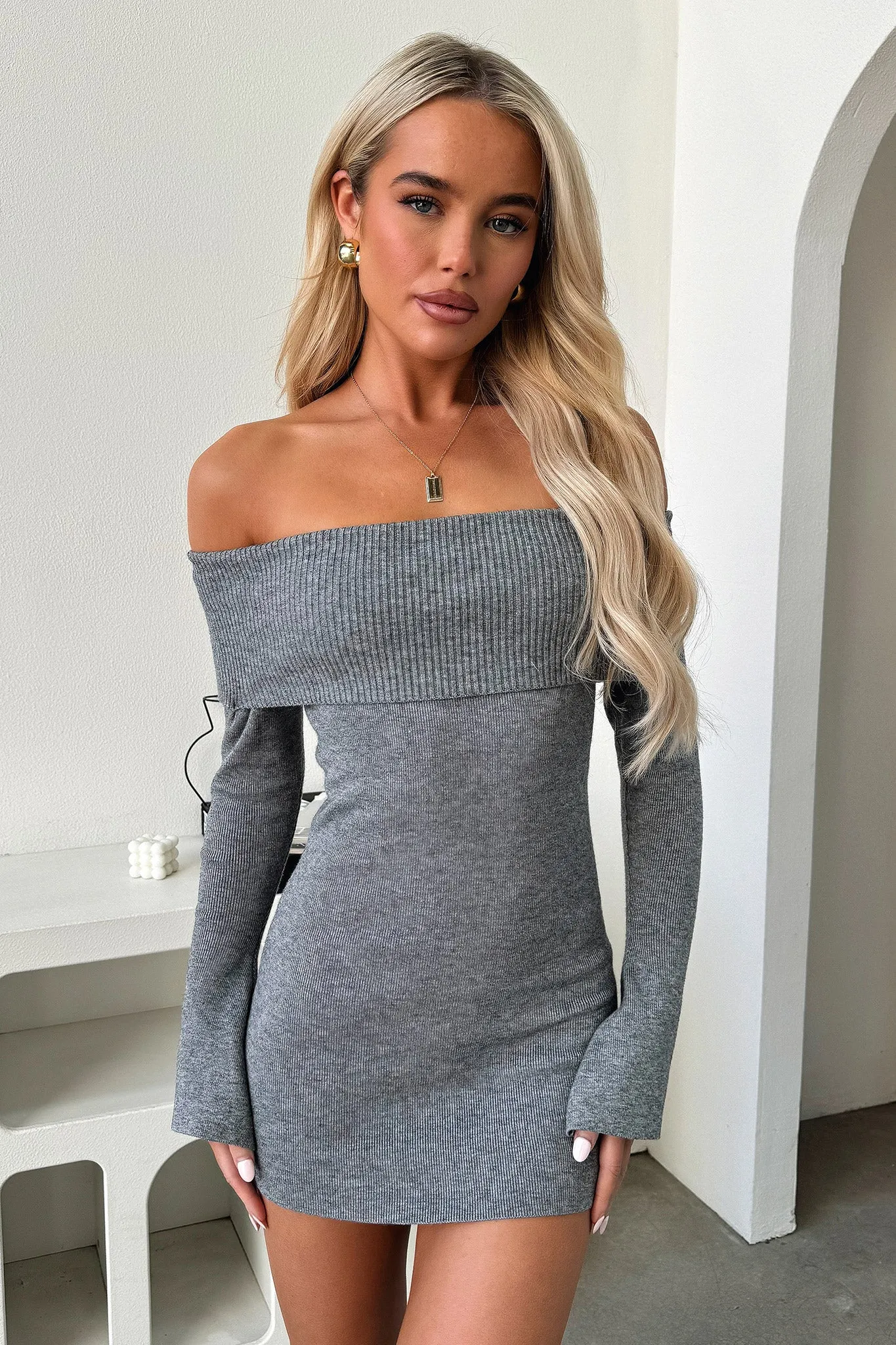 Aaliyah Off Shoulder Knit Mini Dress - Grey Petite Fit Party Light