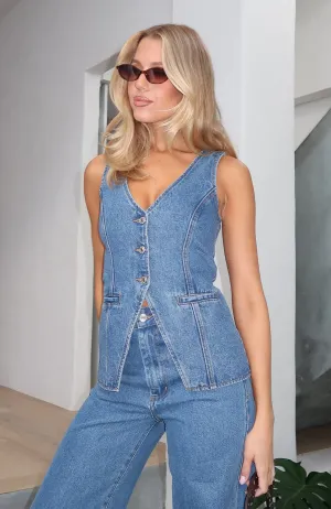 I'll Meet You Longline Denim Top True Blue Frayed hem Weekend Outings