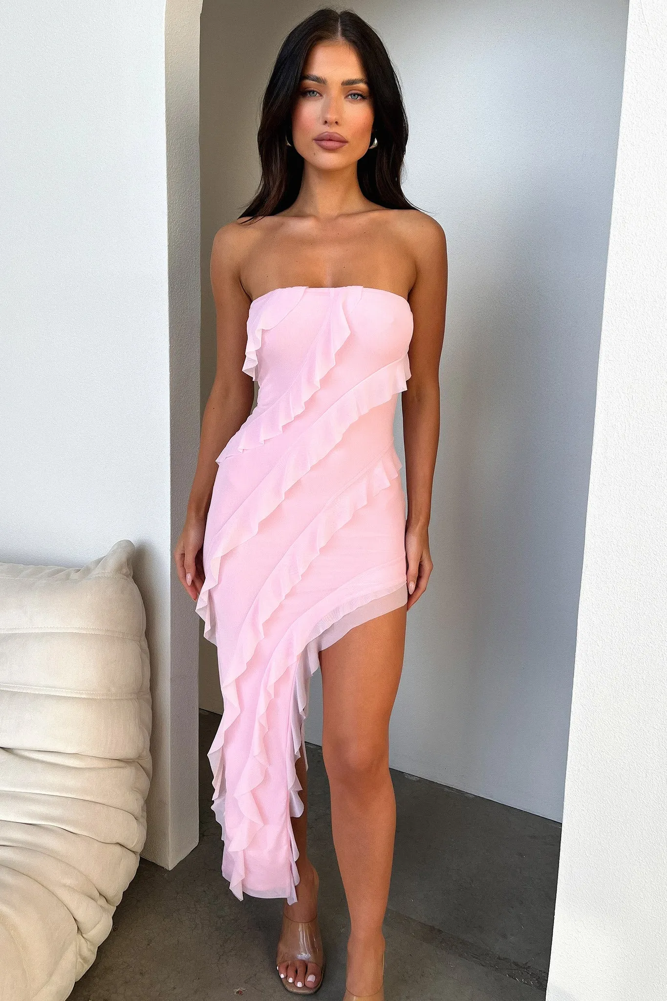 Inset Waistband Jadore Strapless Ruffle Midi Dress - Pink