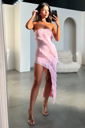 Jadore Strapless Ruffle Midi Dress - Pink Air Float
