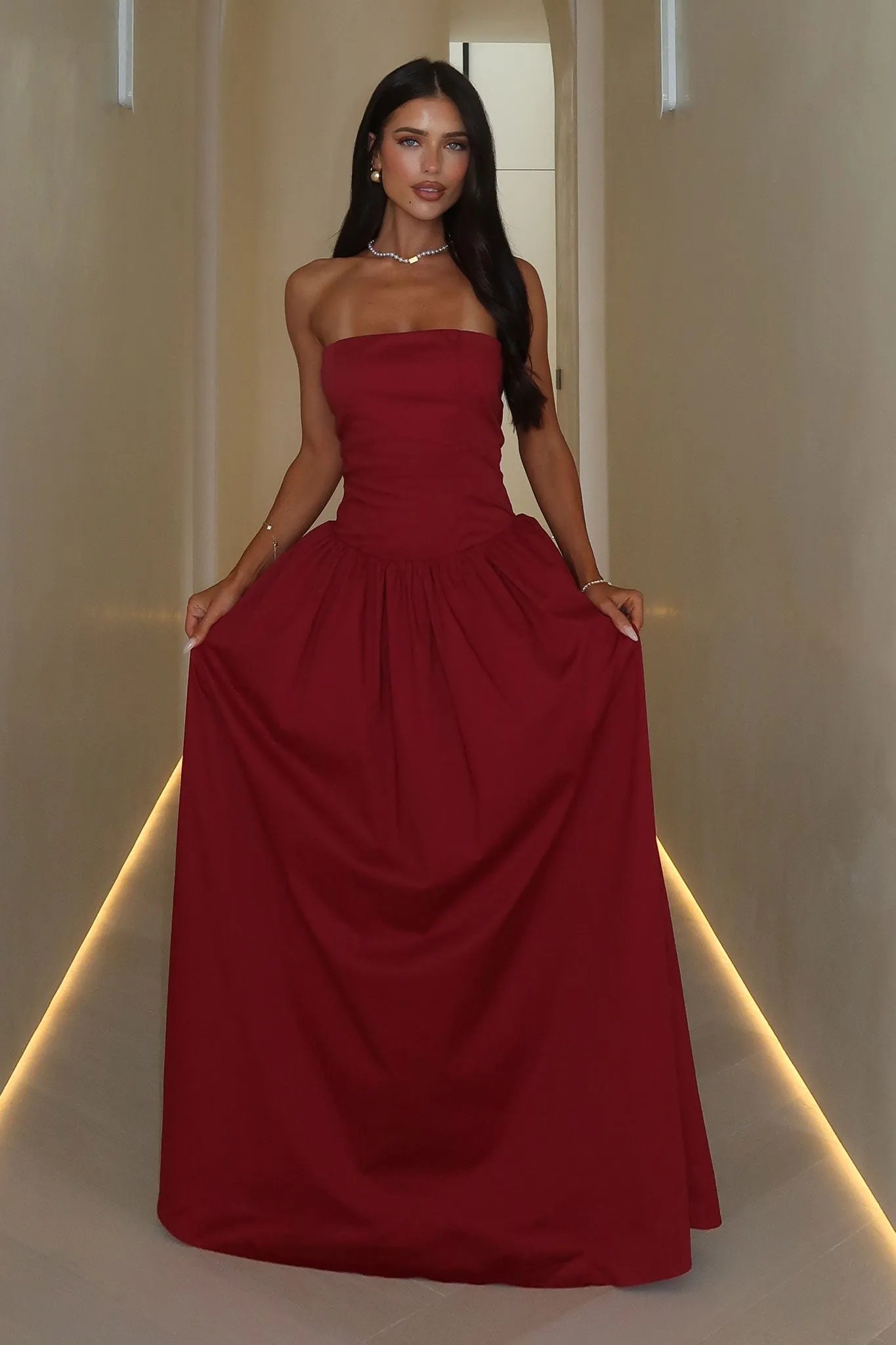 Iridessa Strapless Maxi Dress - Burgundy Crisscross Back