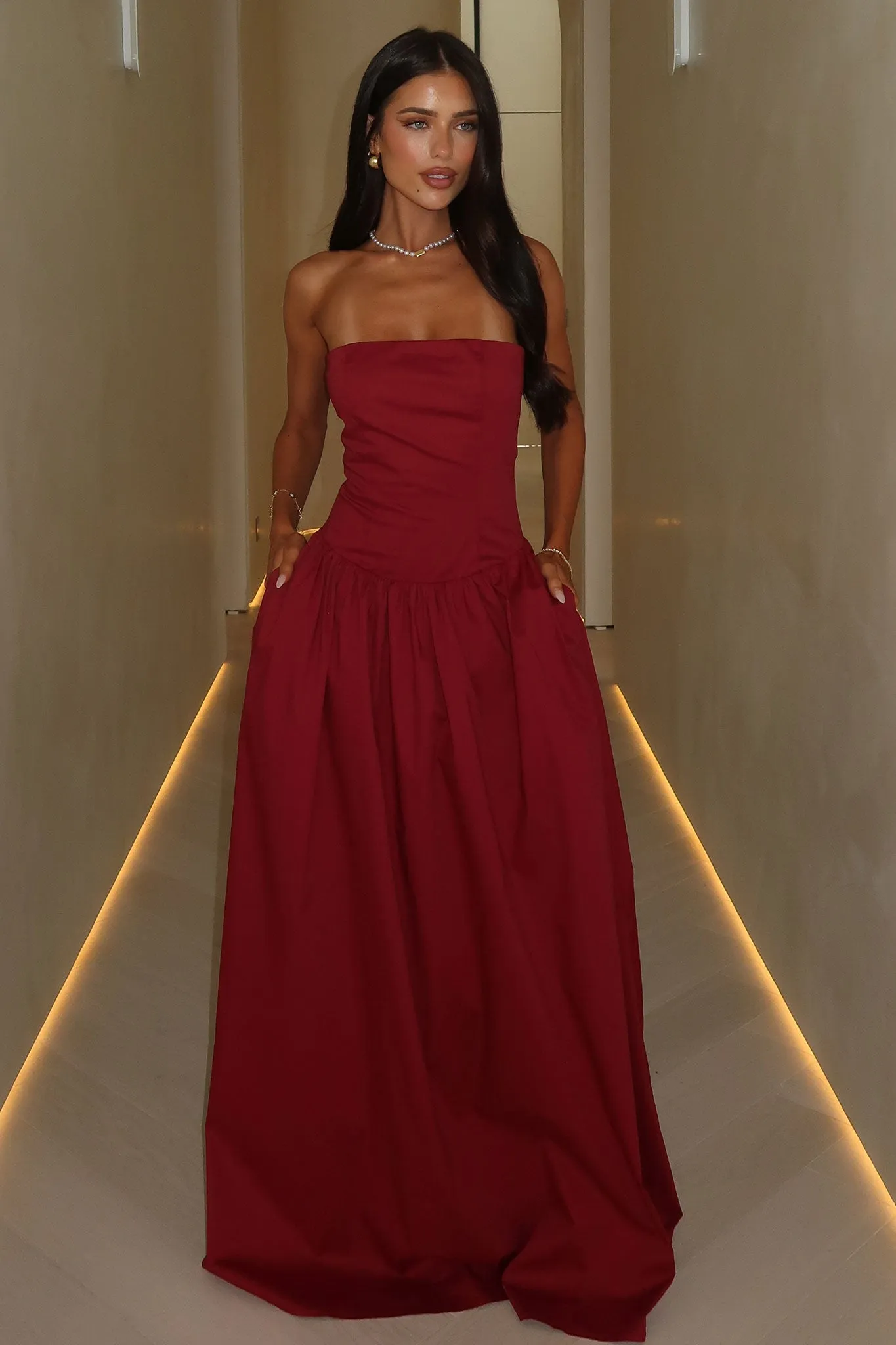 Iridessa Strapless Maxi Dress - Burgundy Crisscross Back