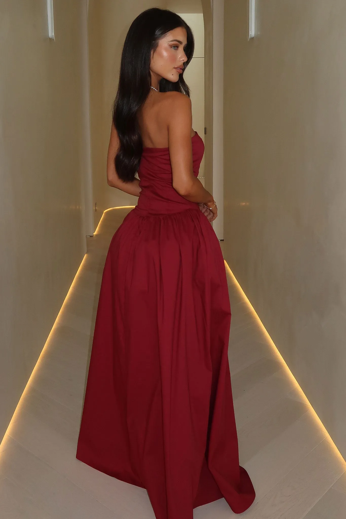 Iridessa Strapless Maxi Dress - Burgundy Crisscross Back
