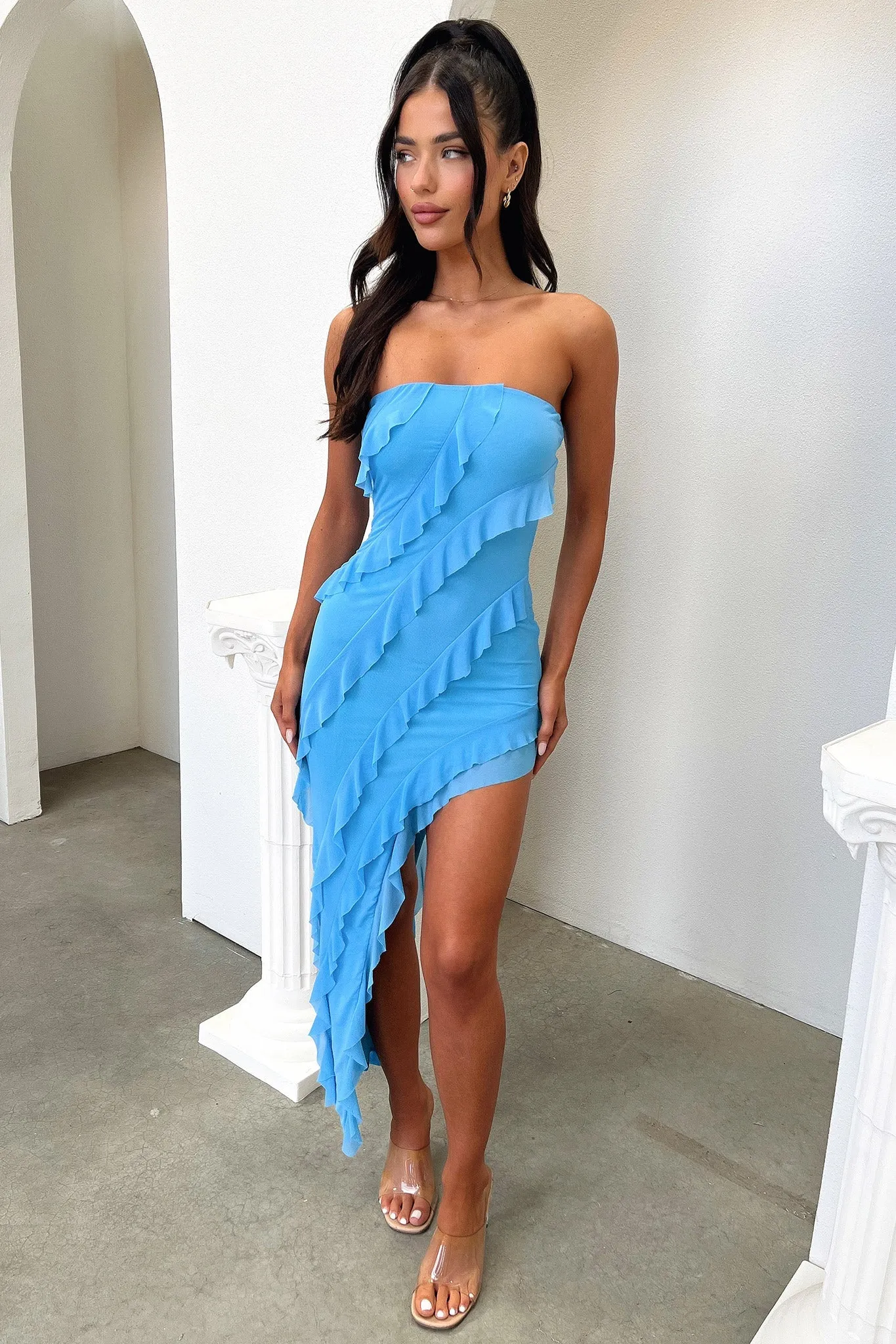 Jadore Strapless Ruffle Midi Dress - Blue Elegant Midi