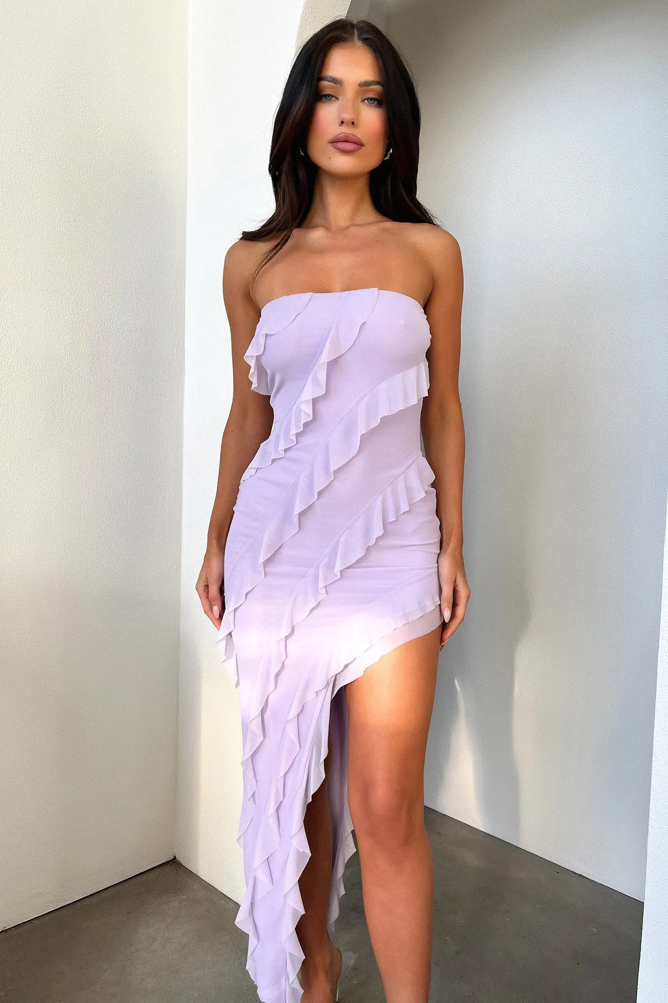 Modest but chic midi City Walk Jadore Strapless Ruffle Midi Dress - Lilac