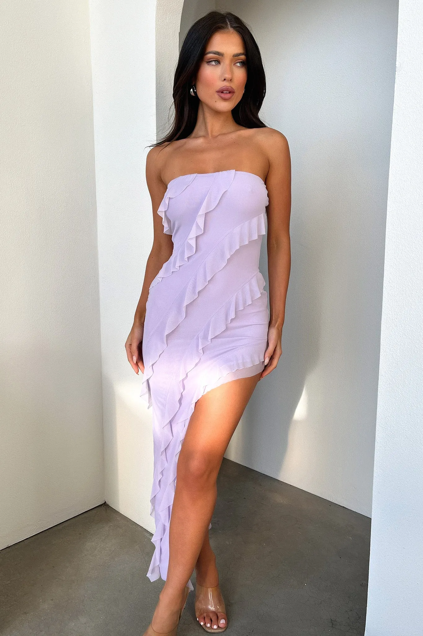 Jadore Strapless Ruffle Midi Dress - Lilac Unlined