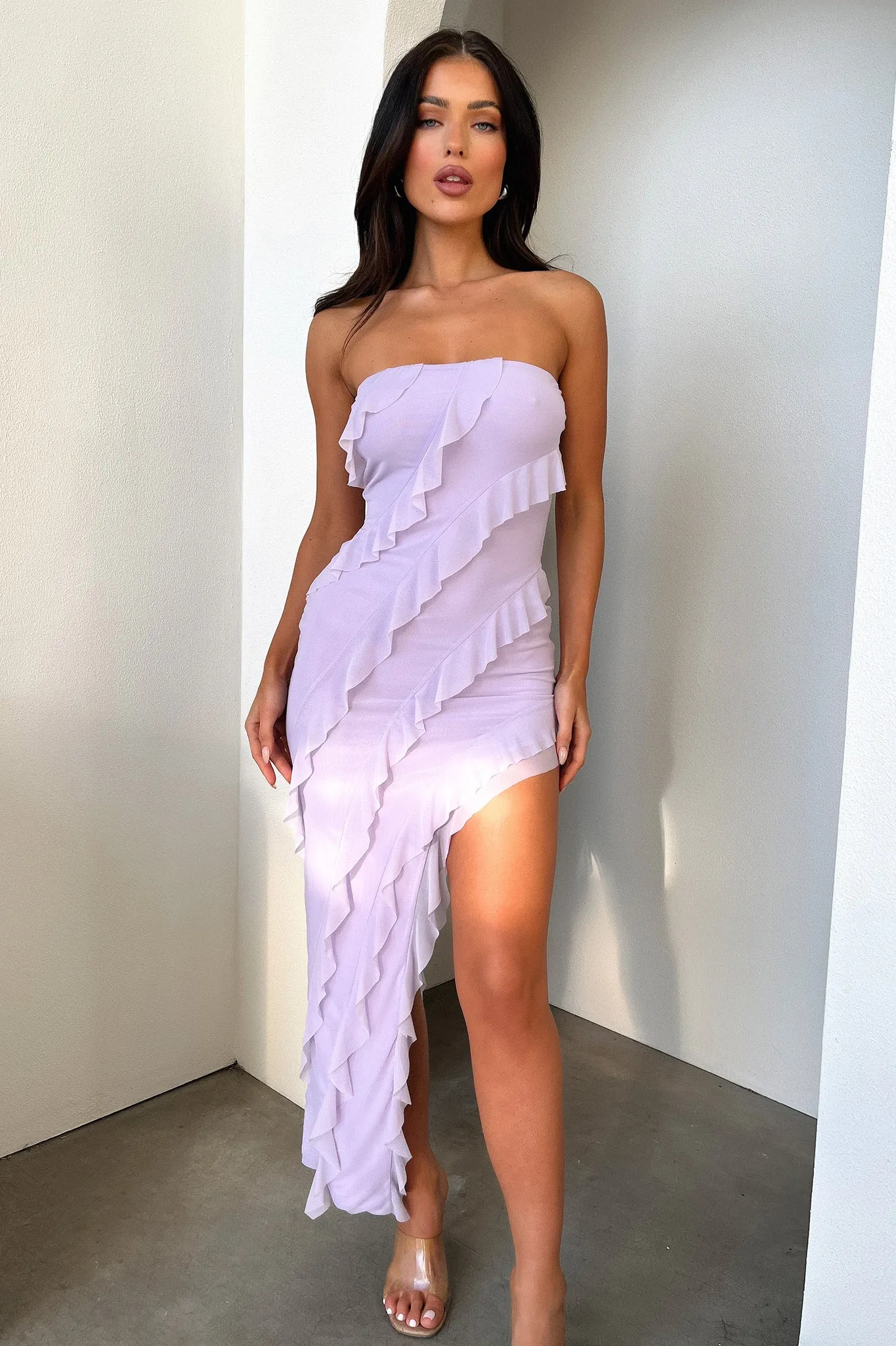 Jadore Strapless Ruffle Midi Dress - Lilac Unlined