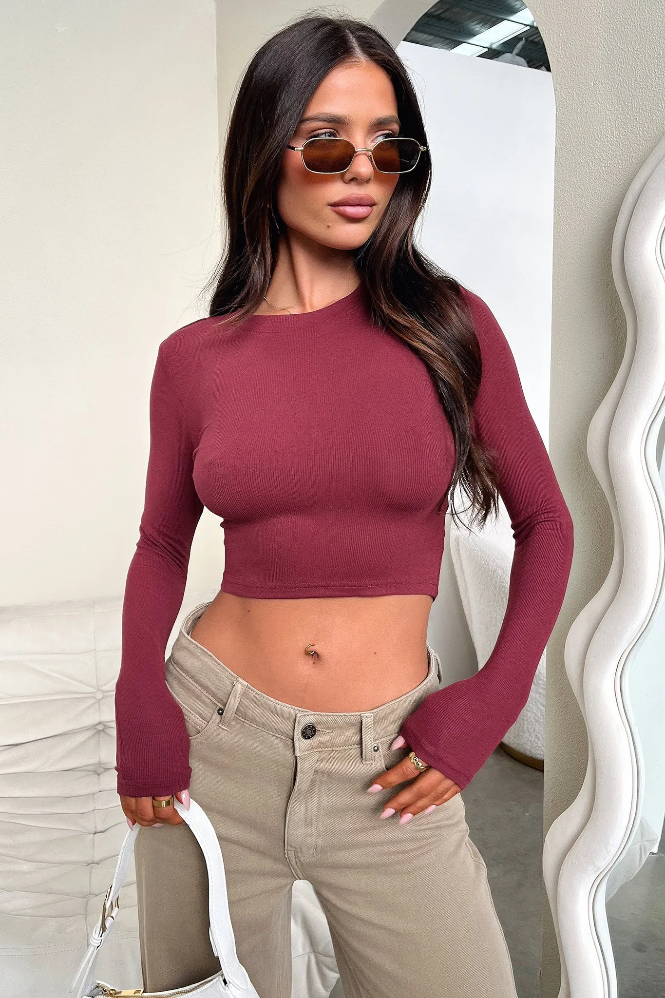 Salad Jaylee Long Sleeve Baby Tee - Wine