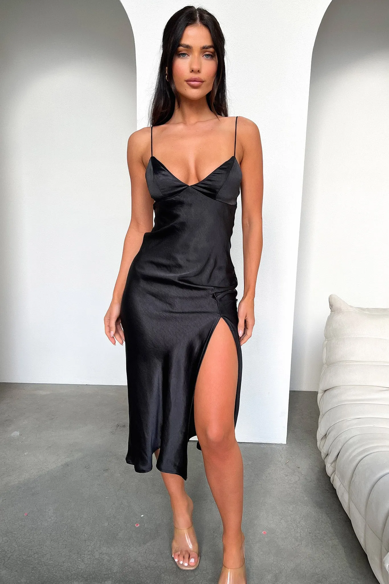 Jennifer Satin Midi Dress - Black Soft Matte