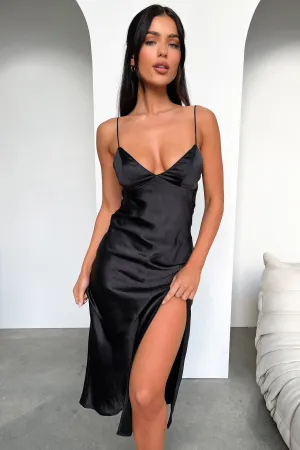Jennifer Satin Midi Dress - Black Flattering midi silhouette