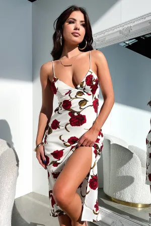 Southern Belle Jennifer Satin Midi Dresss - Rose Floral