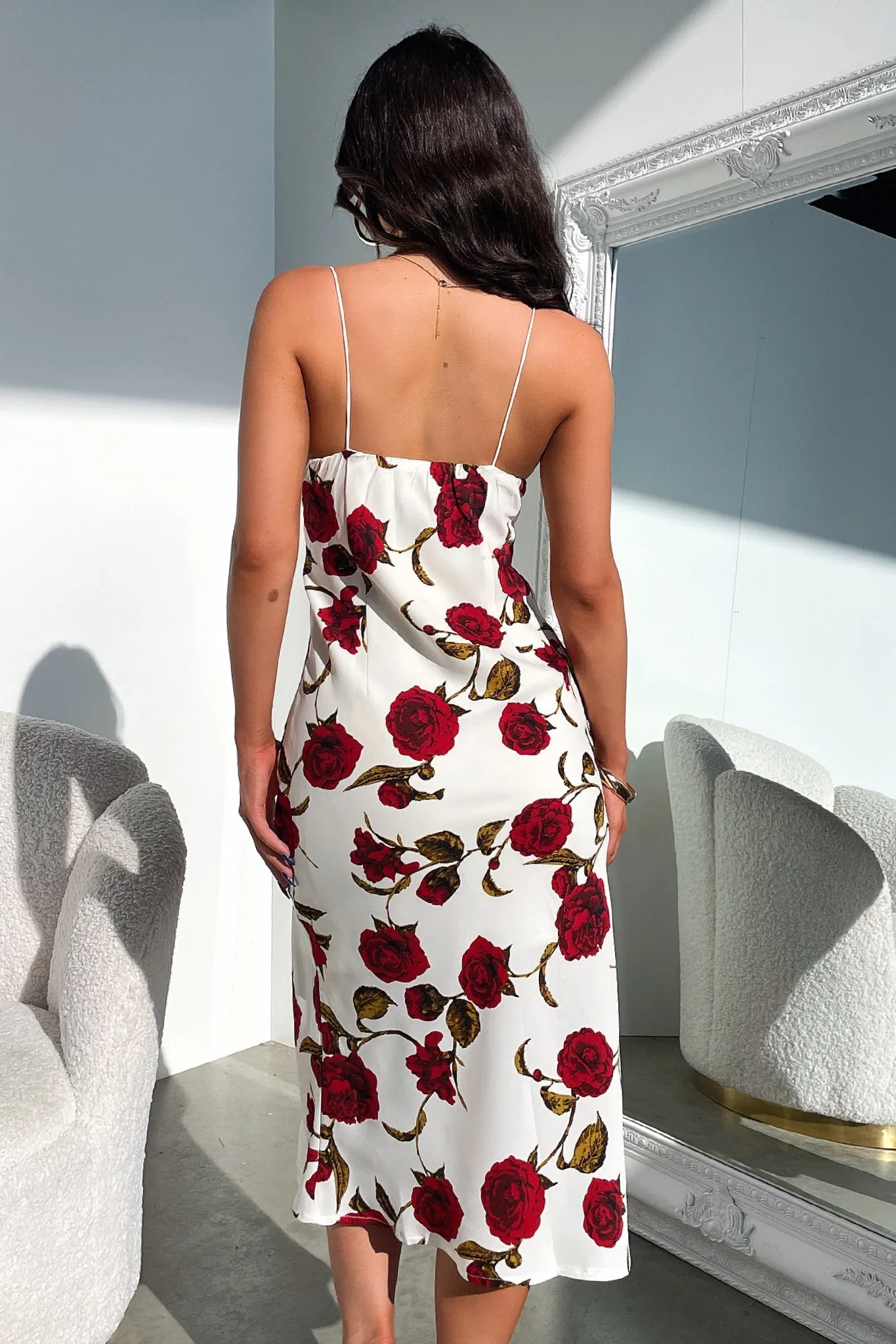 Jennifer Satin Midi Dresss - Rose Floral Silk Touch